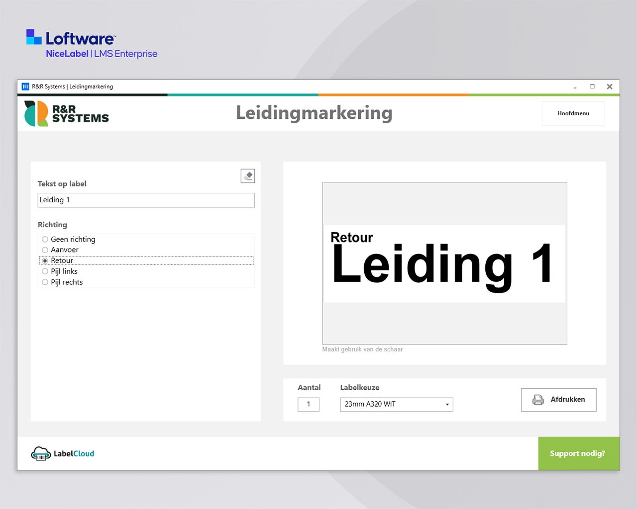 NiceLabel 10 LMS Enterprise applicatie voor leidingmarkering met tekst, richtingaanduidingen en gestandaardiseerde industriële labels